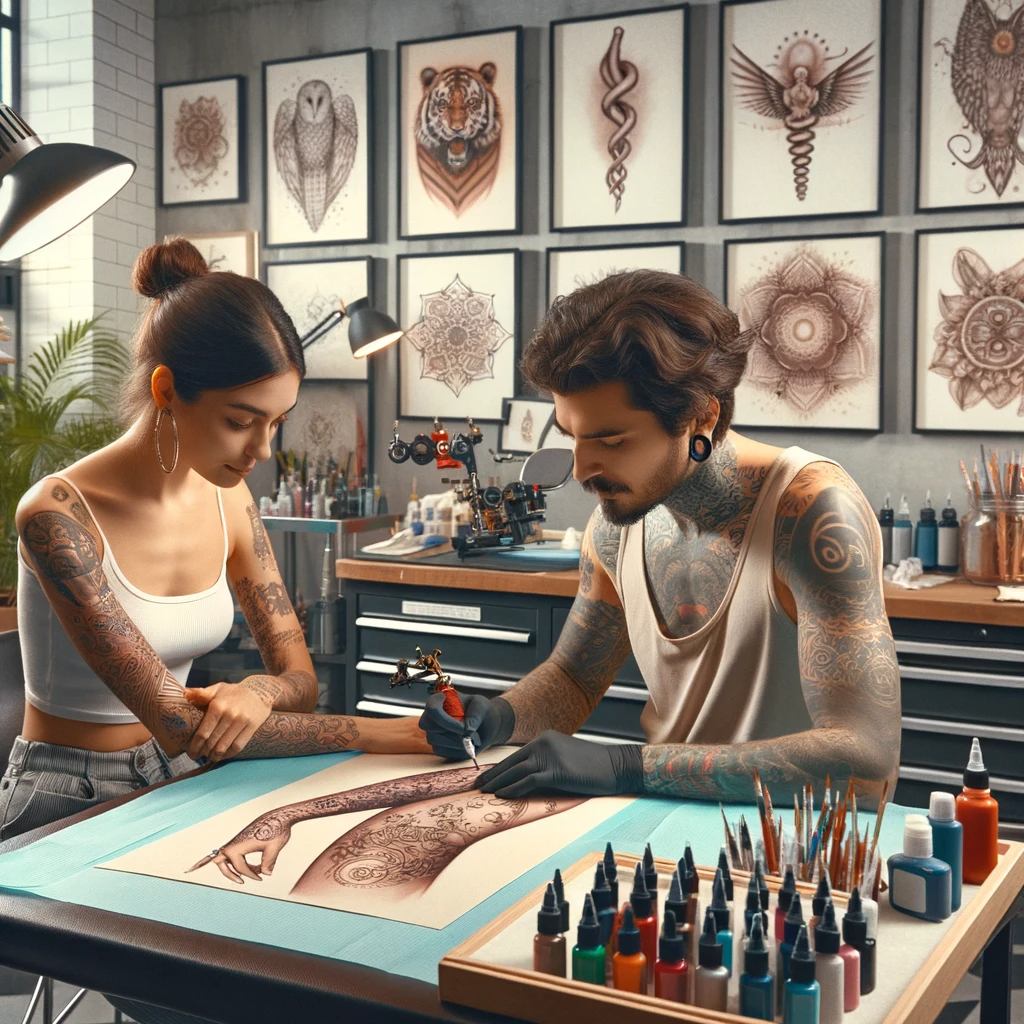 Tattoo artist sketching a design while discussing a sleeve tattoo concept with a client in a modern tattoo studio.
