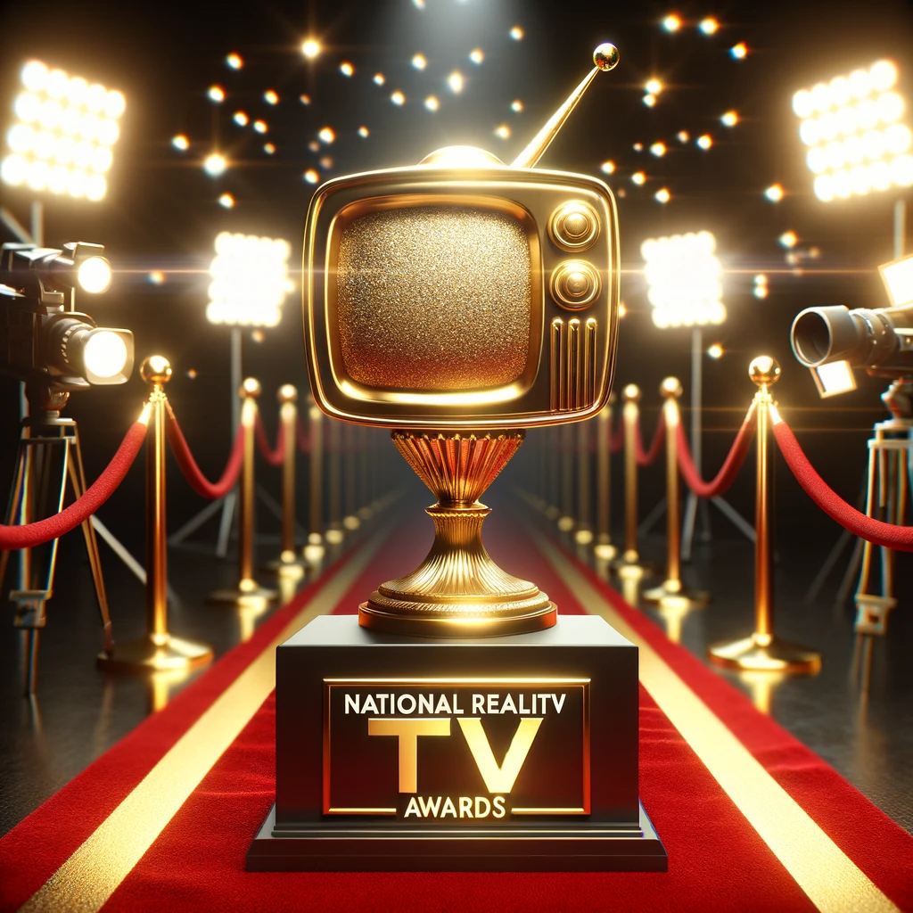 Golden trophy in the shape of a classic TV set on a red carpet, with camera flashes in the background, symbolizing the National Reality TV Awards.